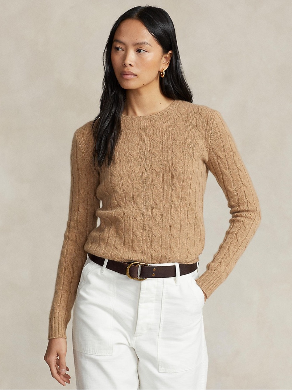 Ralph Lauren Cable-Knit Crewneck Sweater - Taupe Brown - Picture 1 of 9